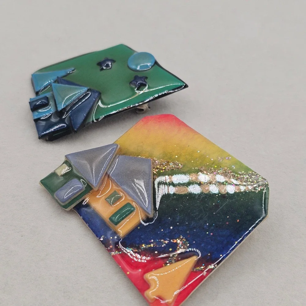 Vintage House Pins by Lucinda Resin Rainbow Night Landscape Glitter Brooch Set